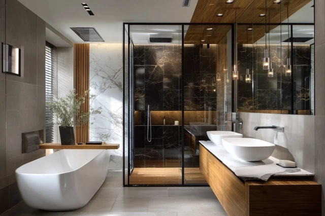 Modern Bathroom Design with Wood Accents and Elegance