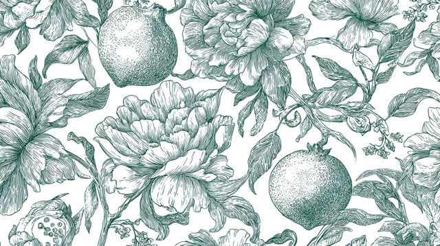 Botanical Line Art Pattern with Flowers and Fruits