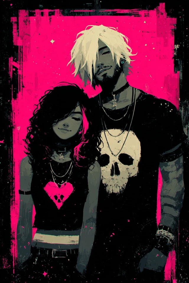 Emo Couple Illustration Pink Black Skulls