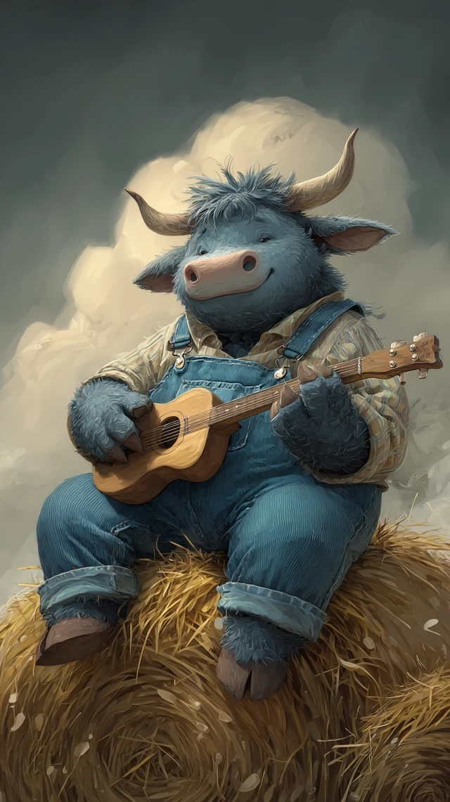 Cute Bull Plays Guitar on Haystack Illustration