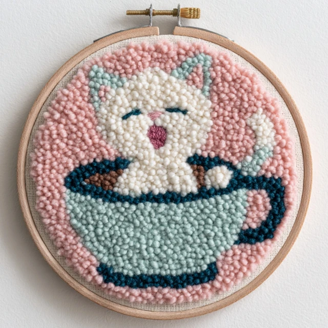 Punch Needle Art Kitten in Teacup Handmade Embroidery