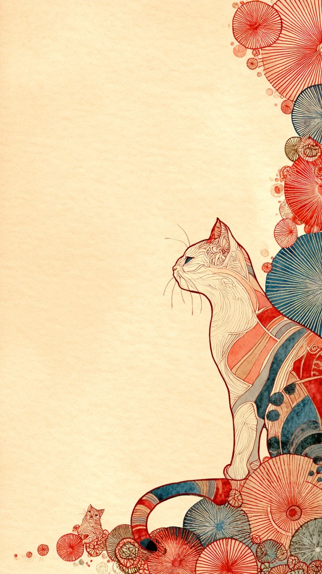 Watercolor Cat Illustration with Japanese Patterns