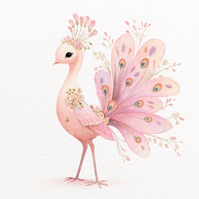 Whimsical Pink Peacock Illustration Atelier Choux Style