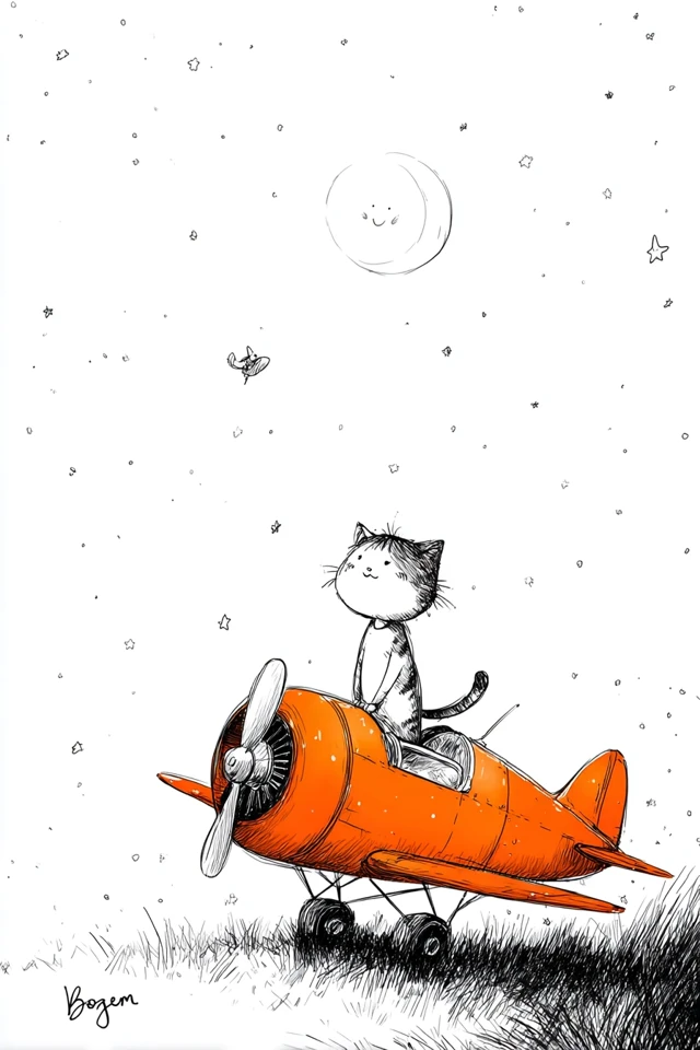 Cat on Airplane Cartoon Illustration