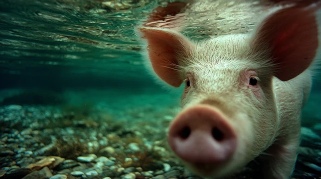 Cute Pig Swimming Underwater Ocean Portrait