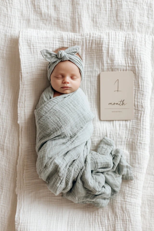 Newborn Baby in Pastel Swaddle 1 Month Milestone