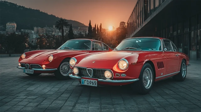 Vintage Ferrari and Alfa Romeo Italian Cars Golden Hour