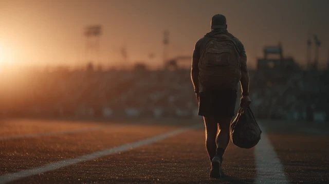 Soccer Coach Walking on Field at Sunset