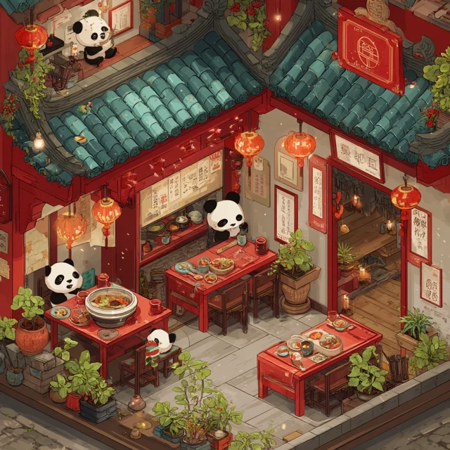 Cute Panda Hot Pot Restaurant Isometric Illustration