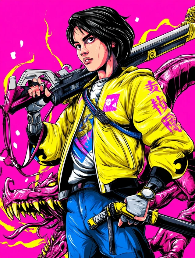 Cyberpunk Samurai Girl with Dragon Art