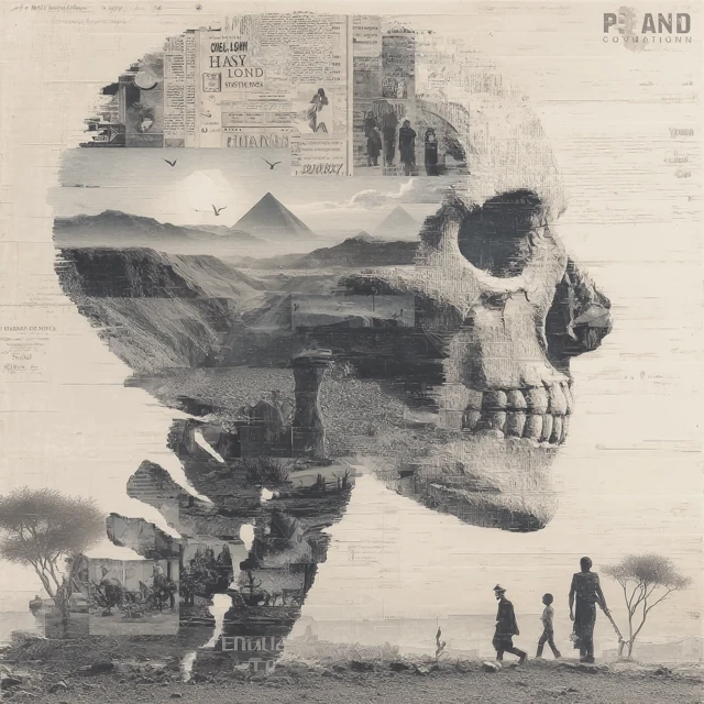 Artistic Collage of Hand Skeleton Coming Out of Ground