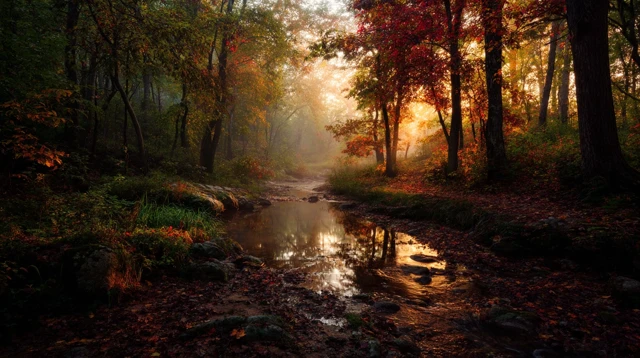 Autumn Forest Sunset Serene Scene