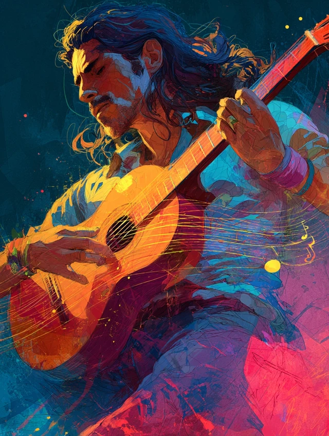 Spanish Guitarist Flamenco Music Barcelona Sunset Art