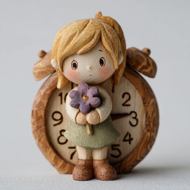 Wooden Carving Girl Holding Clock Figurine