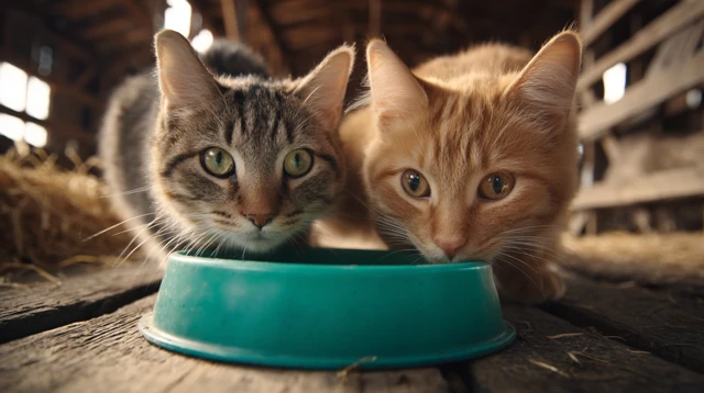 Tabby Cats Eating from Bowl Ranch Photography