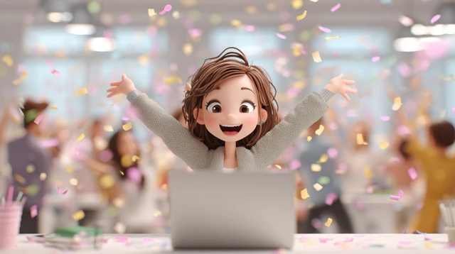 Success Celebration Animated Woman with Laptop
