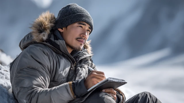 Dr. Simon Li in Icy Wilderness: Cinematic Photograph