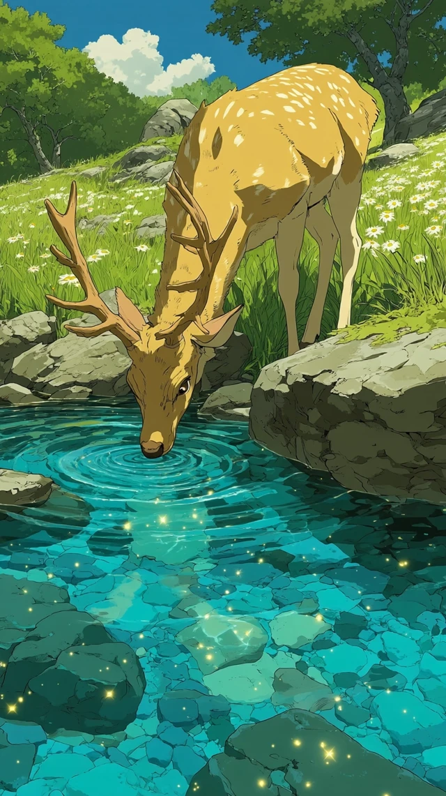 Anime Deer Drinking from Stream