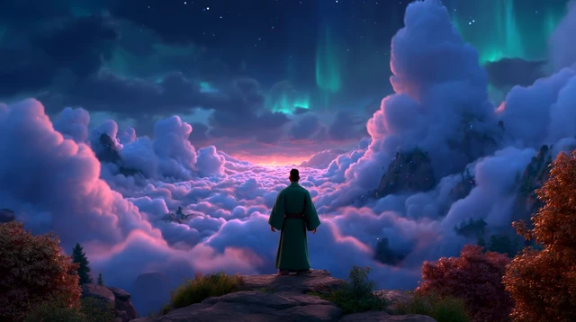 Mystical Figure Overlooking Apple Tree Valley