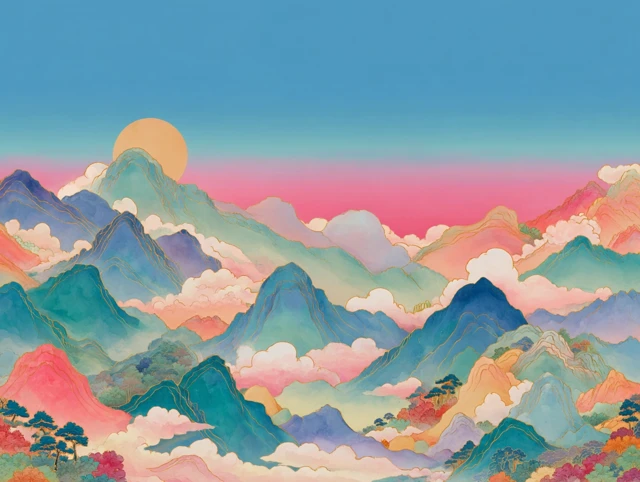 Dreamlike South Korean Mountain Range Illustration