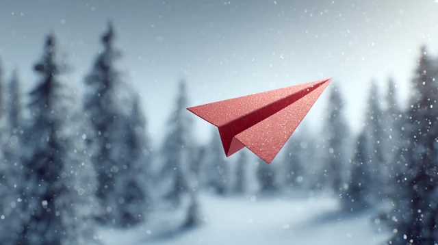 Red Paper Airplane Flying in Winter Wonderland