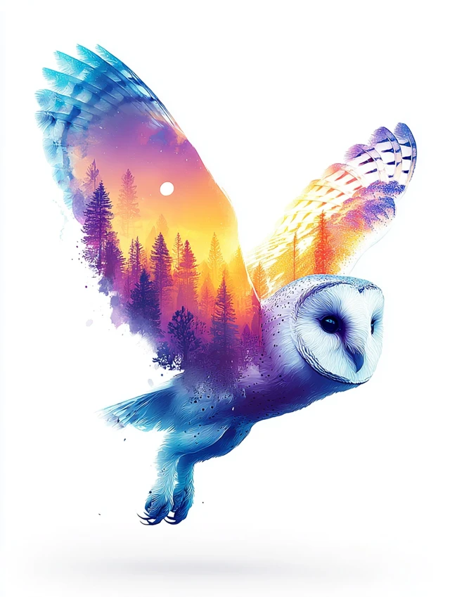 Owl in Flight Watercolor Art Forest Landscape