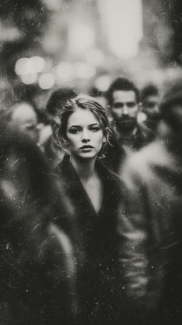 Woman in Crowd Cinematic Portrait