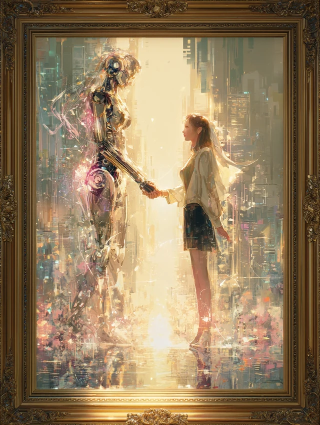 Android and Woman Handshake in Futuristic City Art