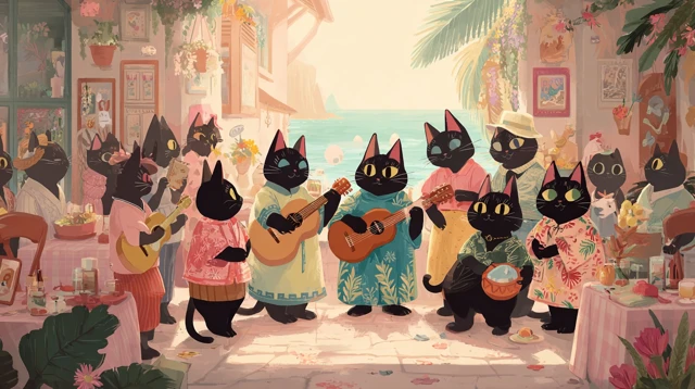 Cats Playing Bossa Nova Seaside Town Art