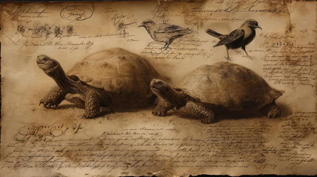 Galapagos Turtles and Finch Sepia Diagram