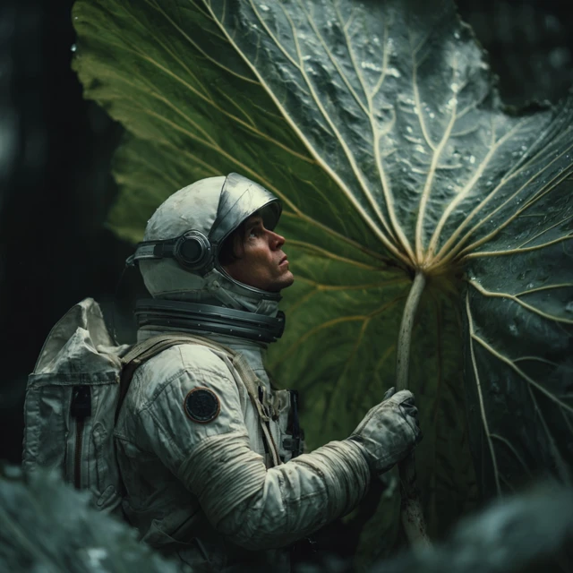 Astronaut with Taro Leaf Umbrella Cinematic Shot