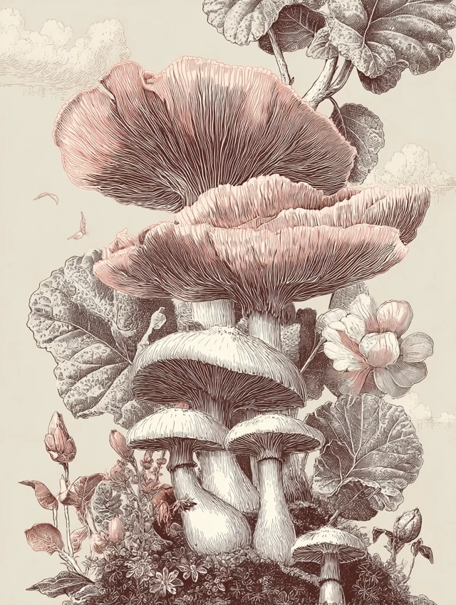 Elegant Botanical Illustration of Mushrooms and Flowers