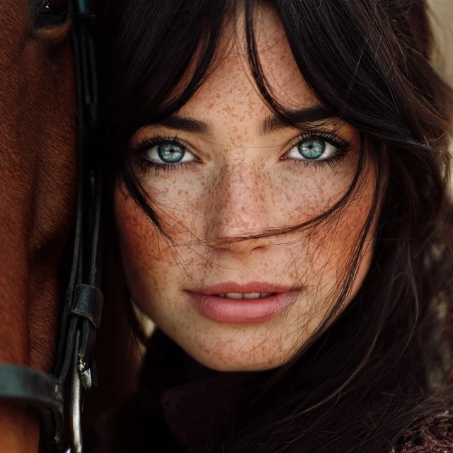 Beautiful Girl with Dark Hair and a Horse