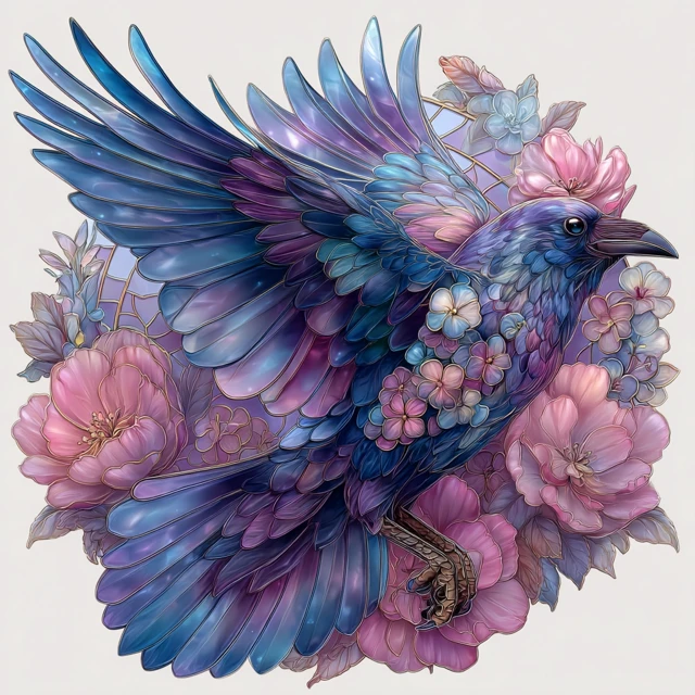 Raven Stained Glass Art with Flowers Elegant Design