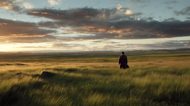 Lone Hero On The Grassland Cinematic Shot