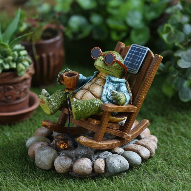 Solar Turtle Garden Statue Relaxing with Coffee