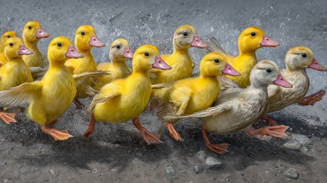Yellow Ducks Flying Among Flowers - Photorealistic Image