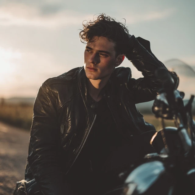 Handsome Brunette in Leather Jacket on Motorcycle