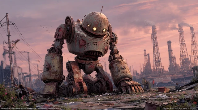 Melancholic Steampunk Golem in a Desolate Wasteland