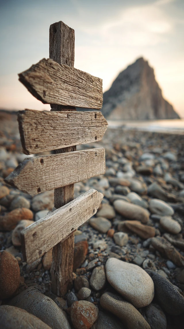 Rocky Beach Signpost Directional Guidance Warm Tones