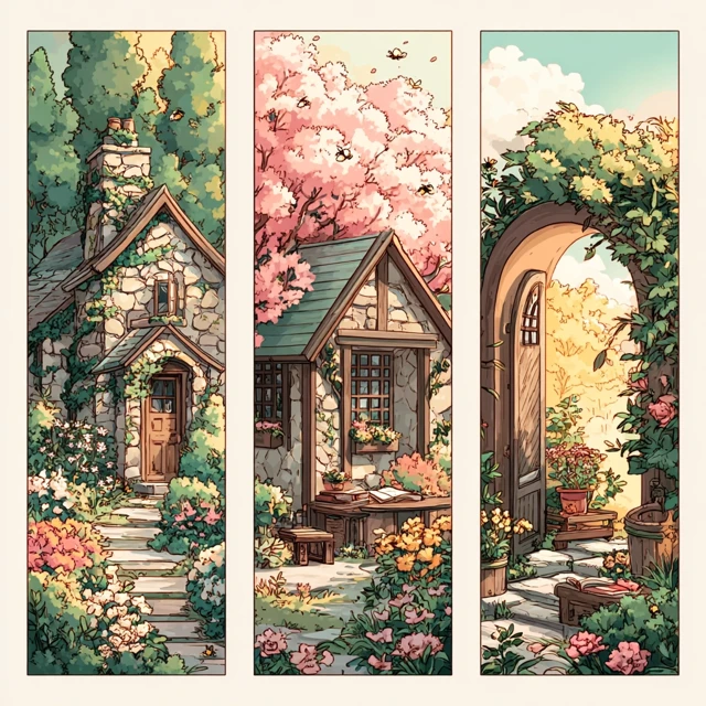 Cozy Cottage Scenes for Bookmarks Watercolor Art