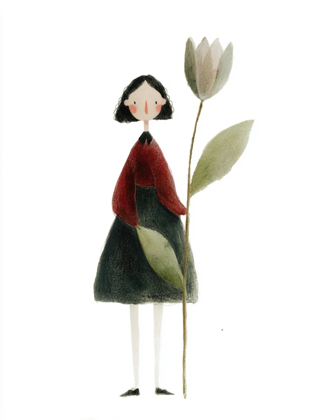 Girl Holding Tulip Watercolor Illustration