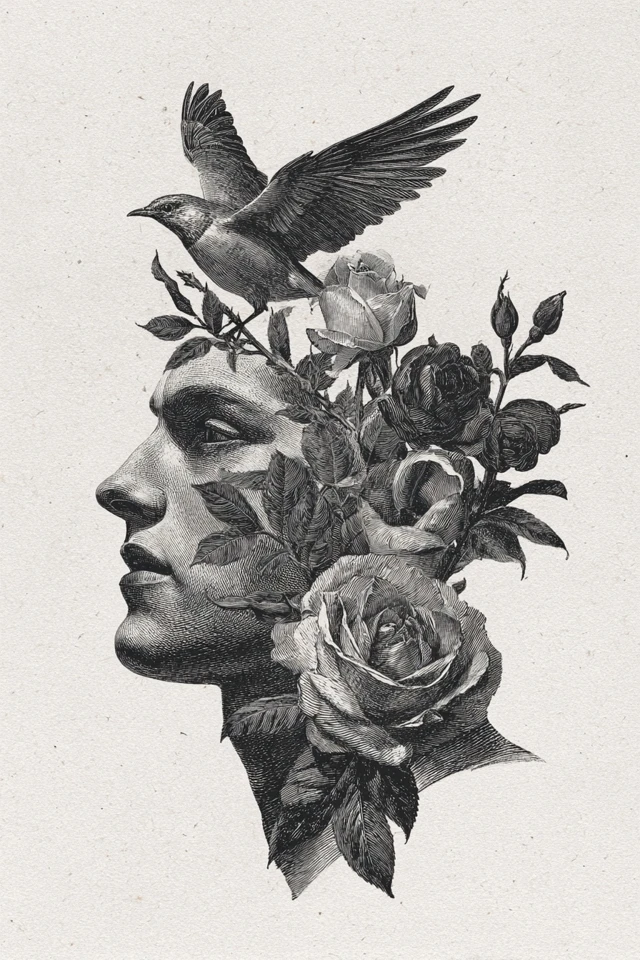 Vintage Gentleman with Bird and Flowers Art