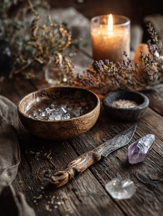 Ritual Setup Wood Table with Crystals Herbs and Candle