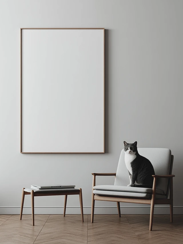 Blank Picture Frame with Cat in Modern Room