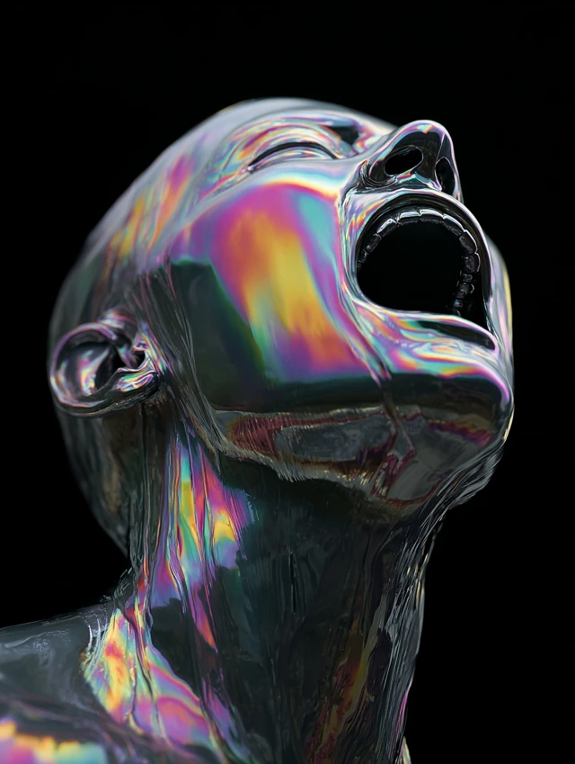 Iridescent Liquid Human Figure Against Black Background