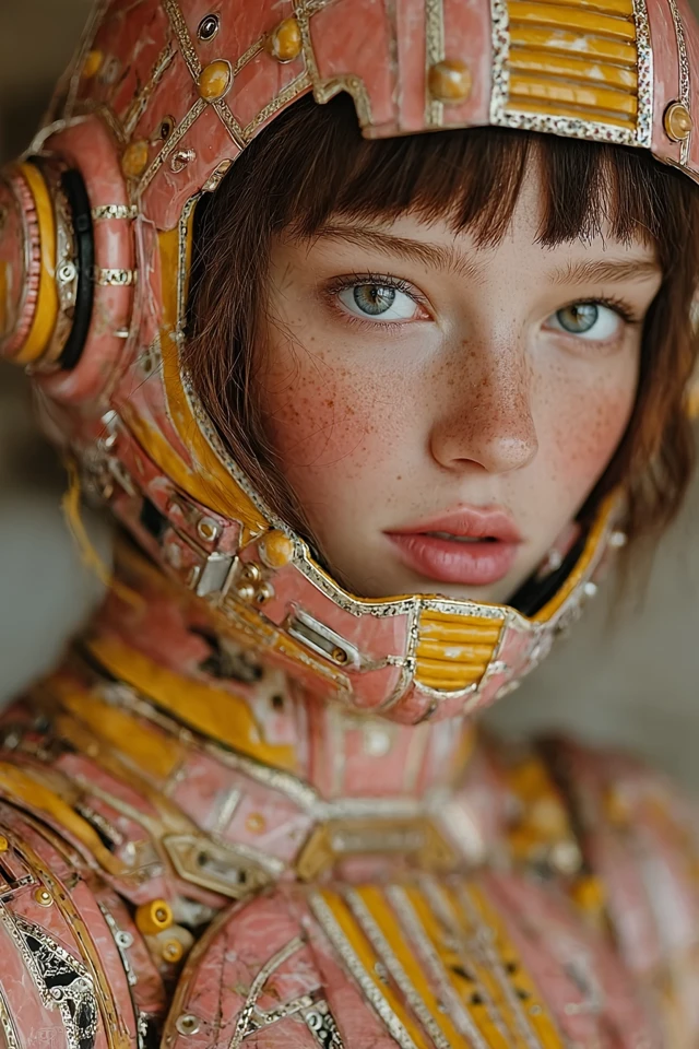 Robotic Girl Portrait in Pastel Pink Helmet