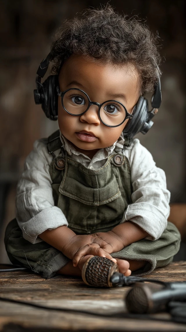 Adorable Baby with Microphone and Headphones