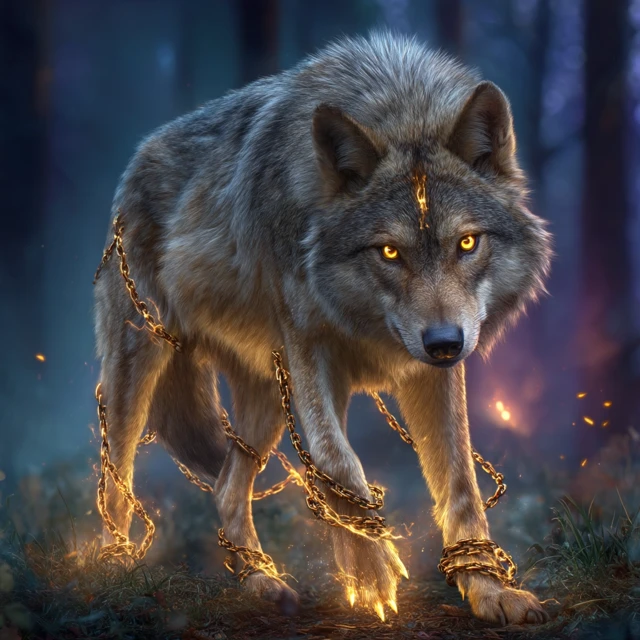 Fantasy Wolf with Glowing Eyes in Night Forest