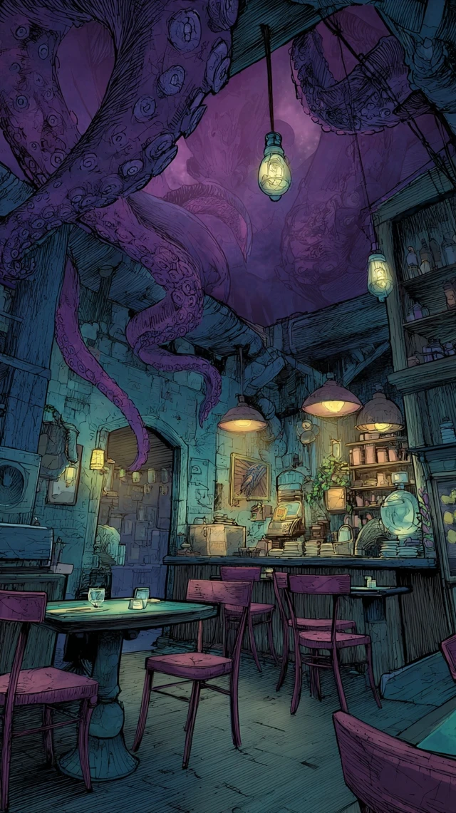 Lovecraft Cafe Horror Illustration Menacing HDR